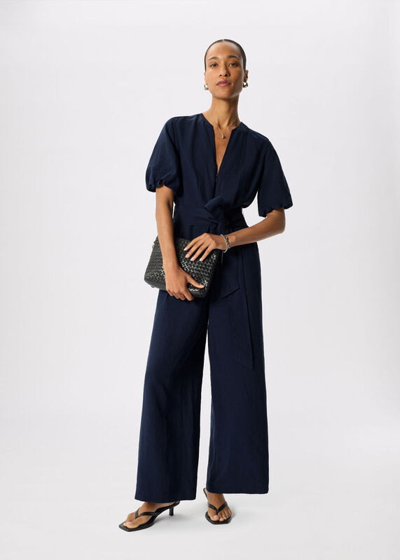 Navy Linen Blend Tie Waist Jumpsuit