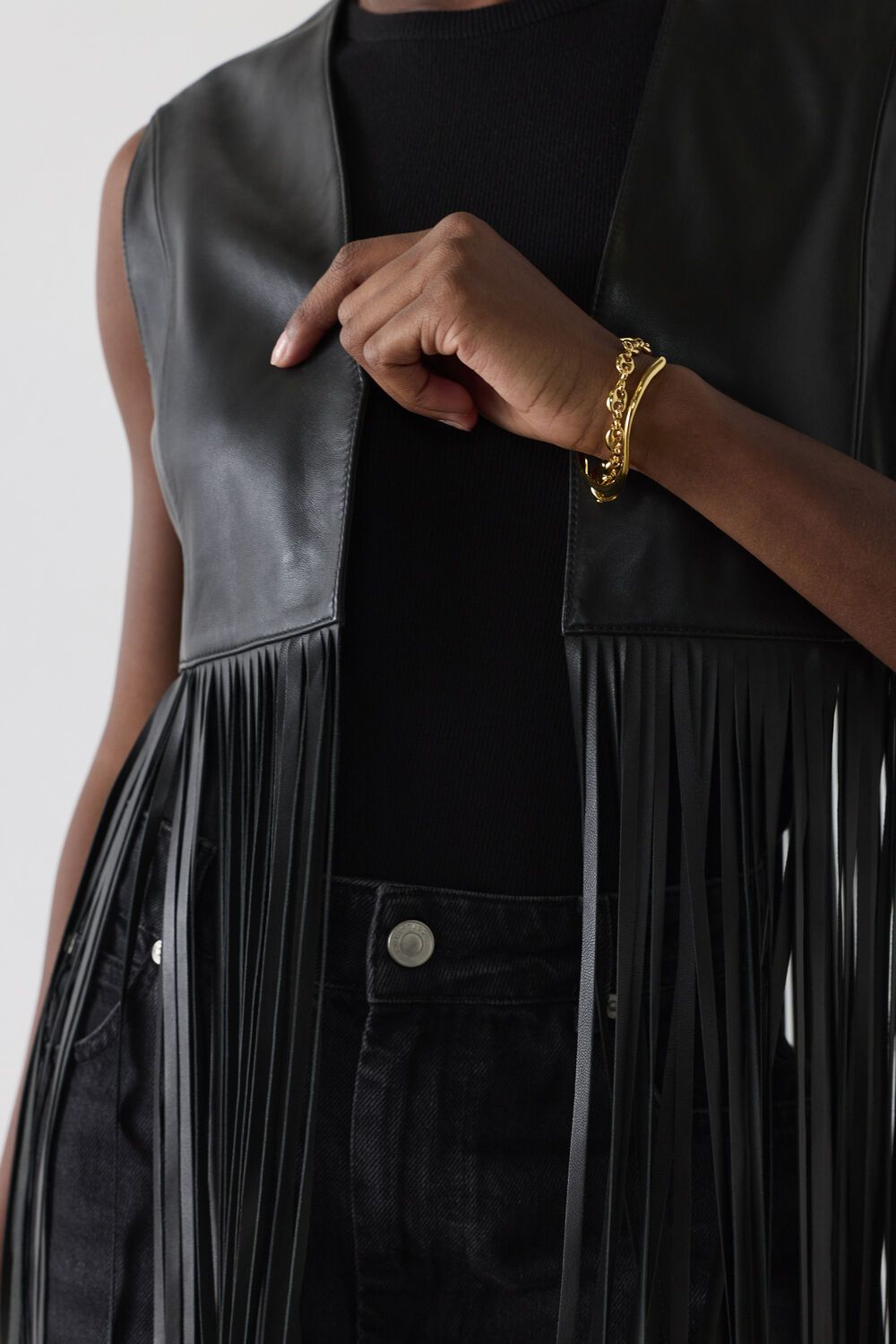 Black Rei Leather Fringed Waistcoat