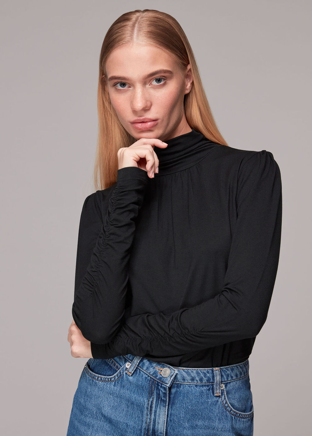Black High Neck Ruched Sleeve Top