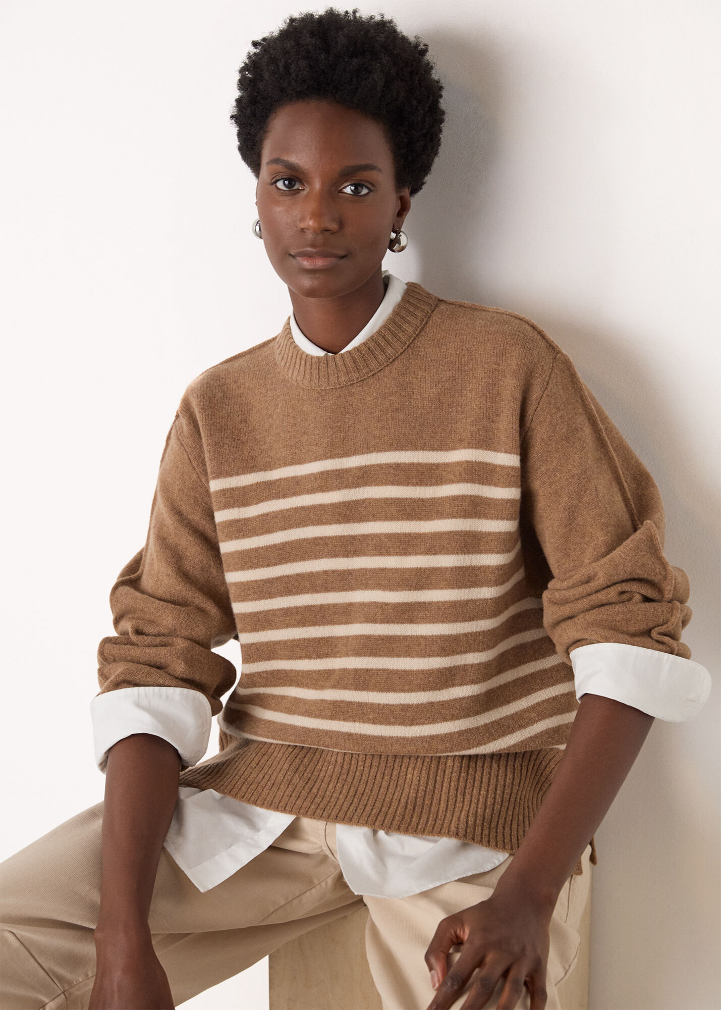 Camel Wool Stripe Crew Neck Knit | WHISTLES | Whistles US |