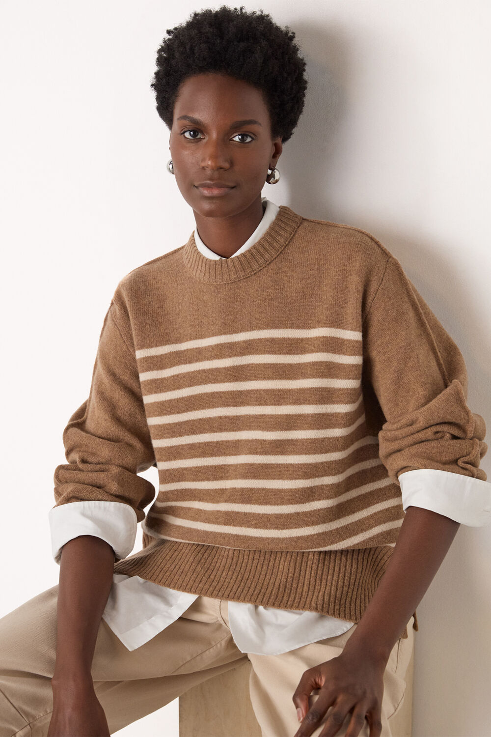Camel Wool Stripe Crew Neck Knit