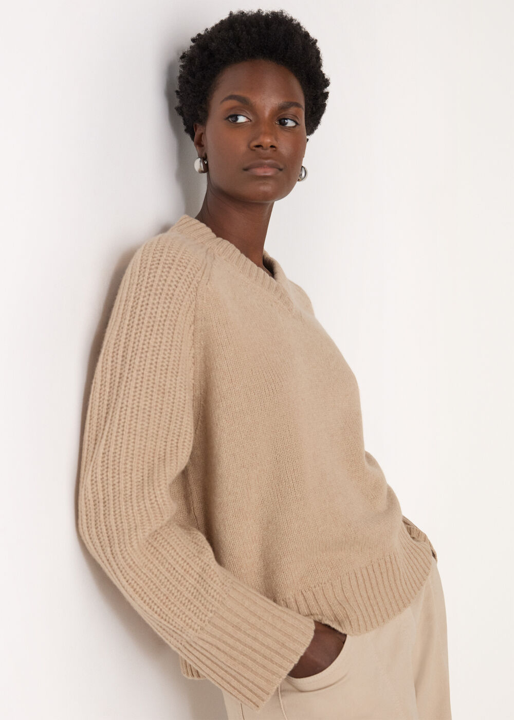Wool Ribbed Sleeve V Neck Knit