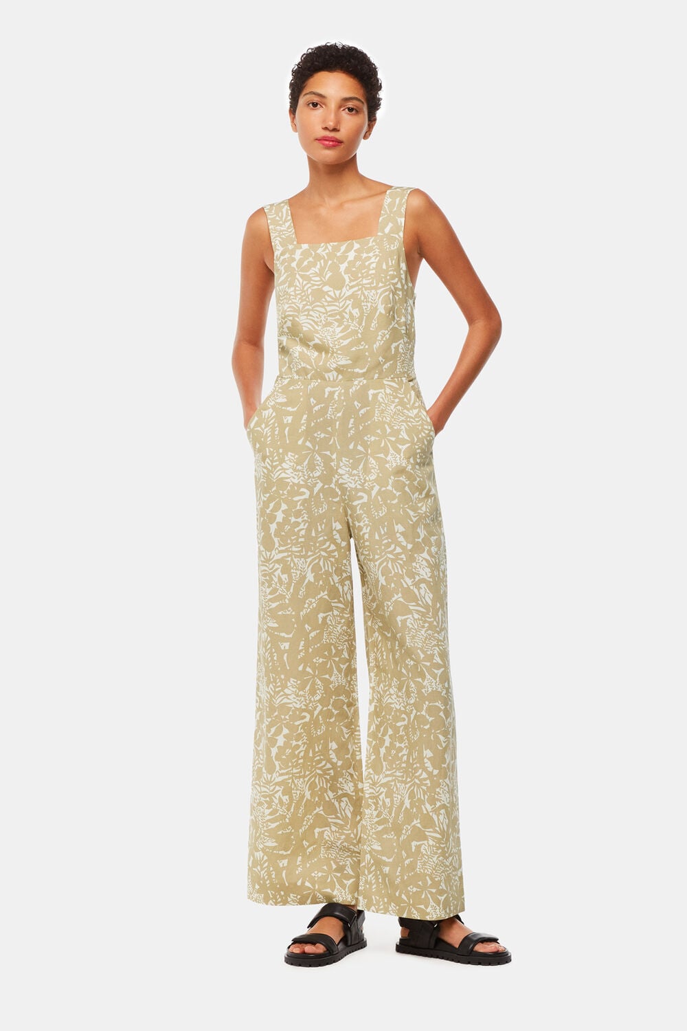 Khaki Tropical Leaves Jumpsuit