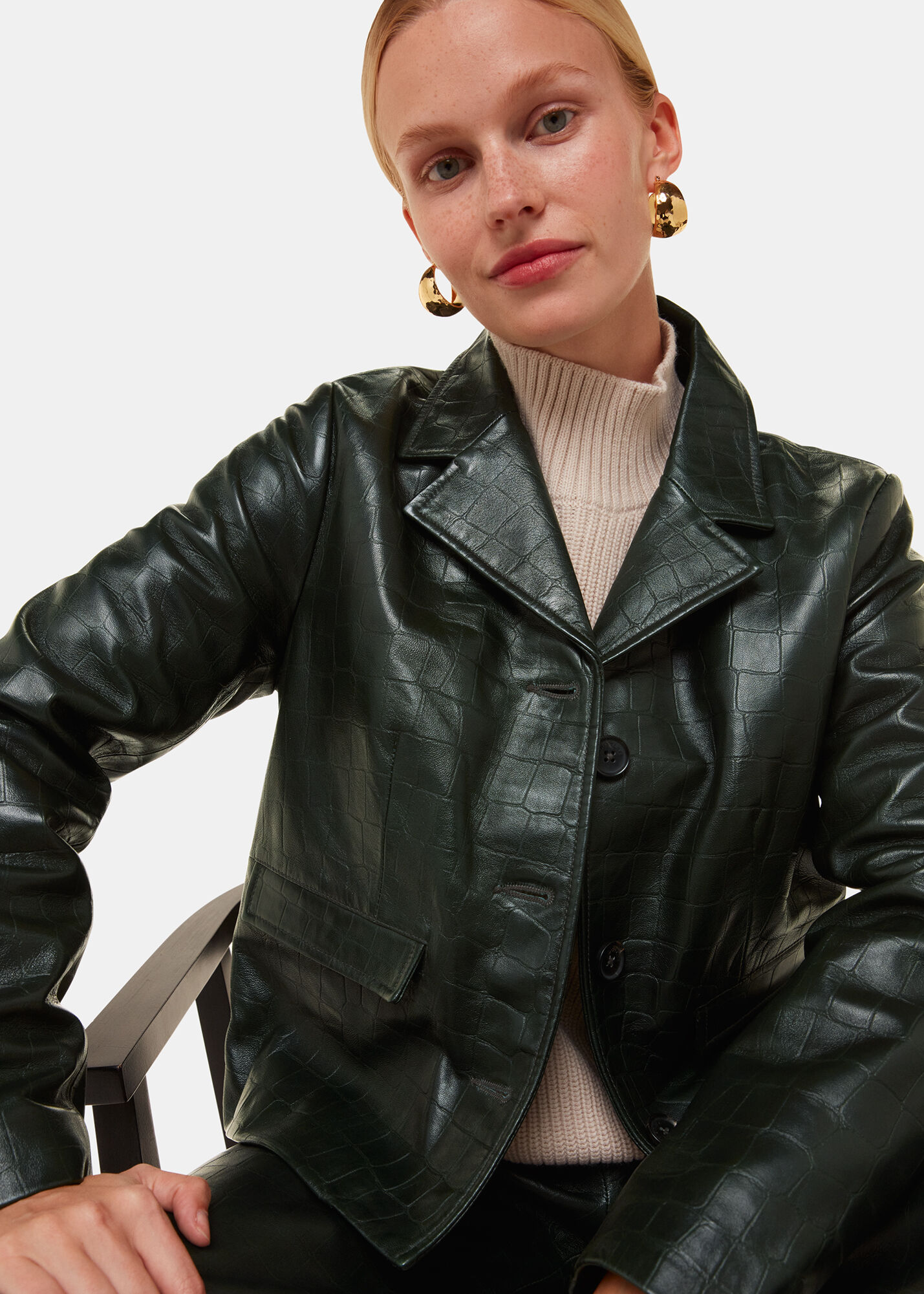 Dark Green Delia Croc Leather Jacket | WHISTLES | Whistles US |
