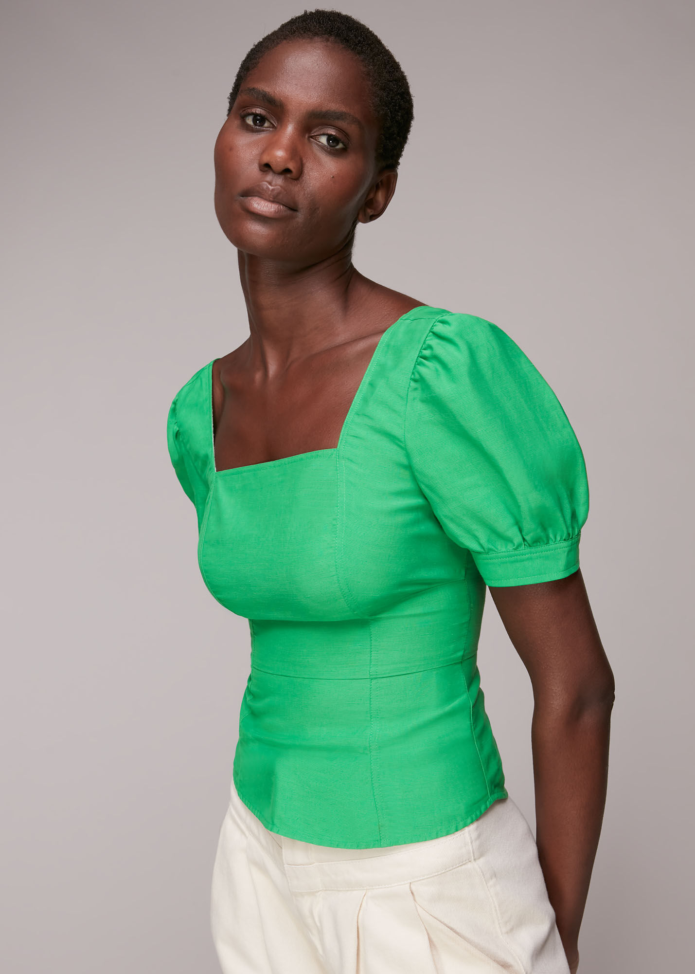 Green Puff Sleeve Zip Back Top | WHISTLES | Whistles US |