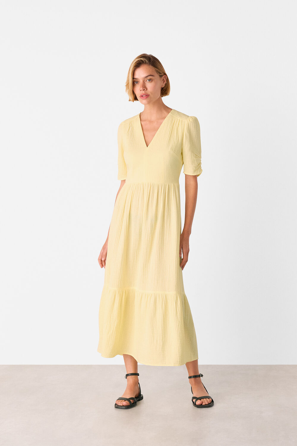Yellow Textured Cotton Midi Dress