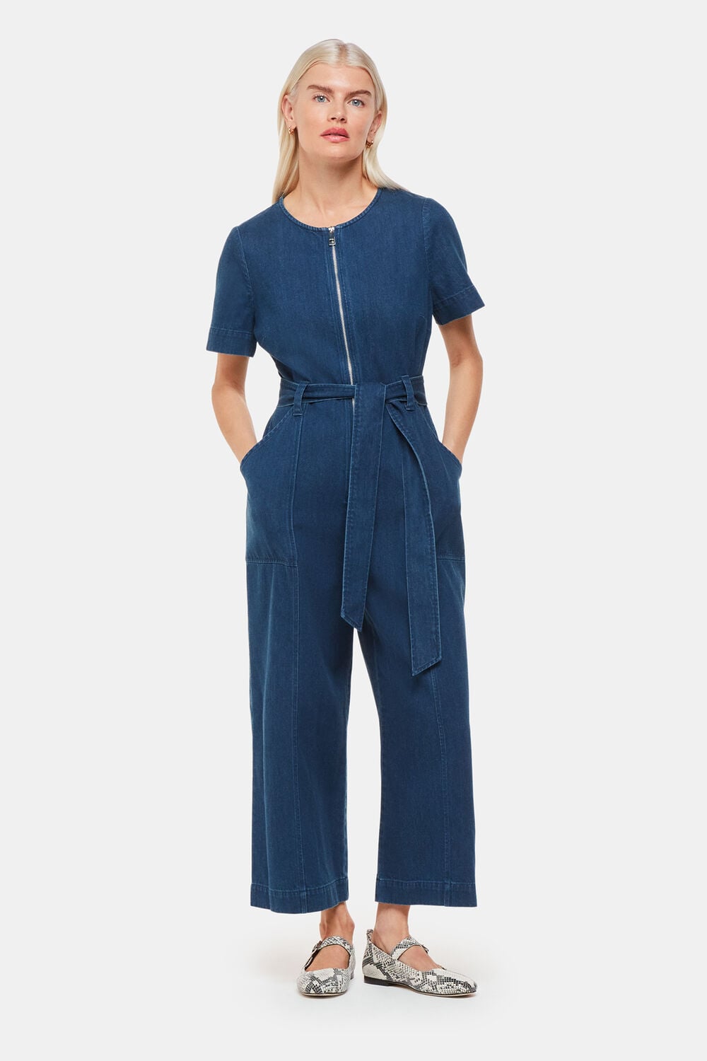 Petite Short Sleeve Denim Jumpsuit