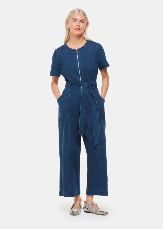 Petite Short Sleeve Denim Jumpsuit
