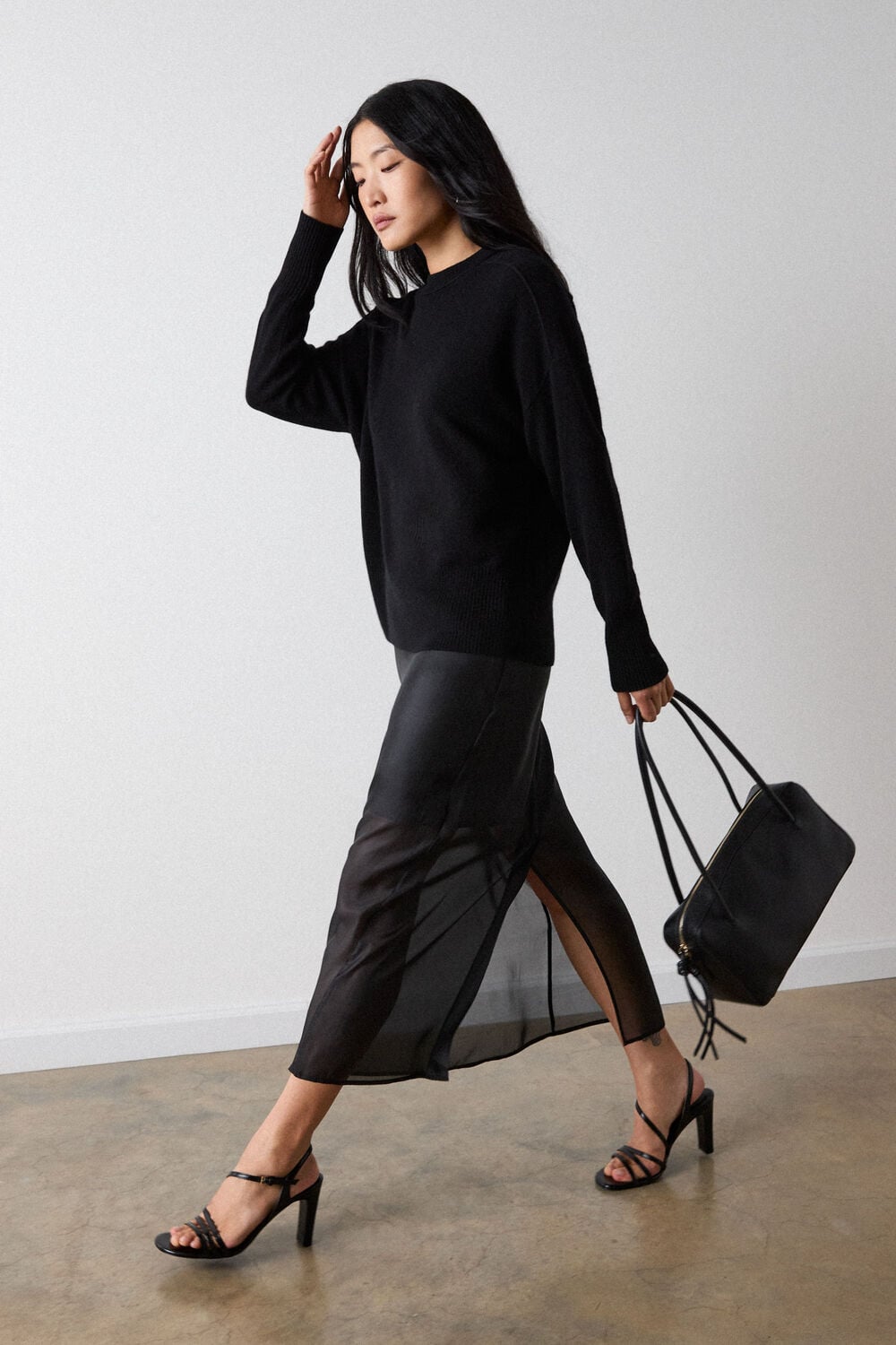 Black Cashmere Seam Detail Crew Knit