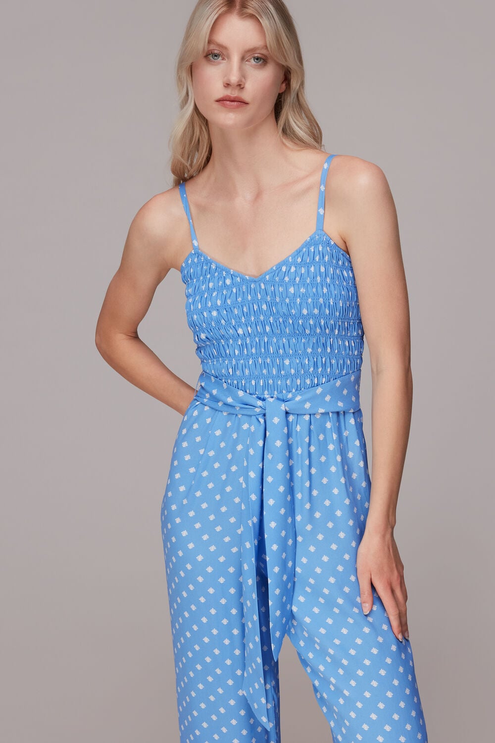 Blue Rounded Leaf Shirred Jumpsuit