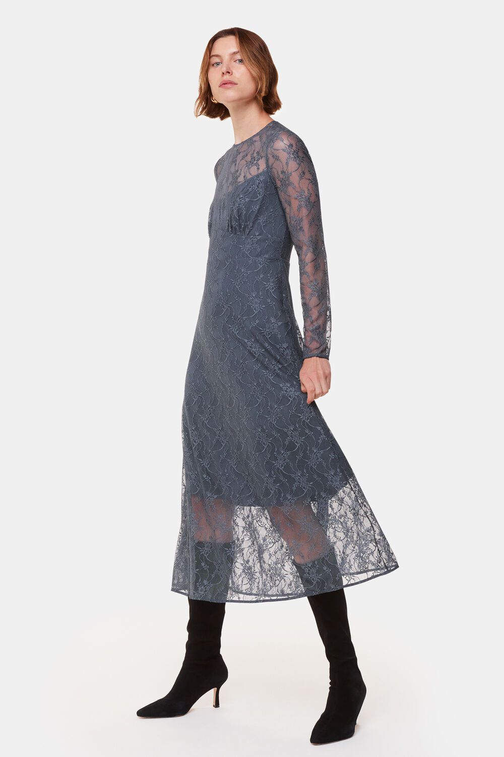 Grey Fay Lace Long Sleeve Dress