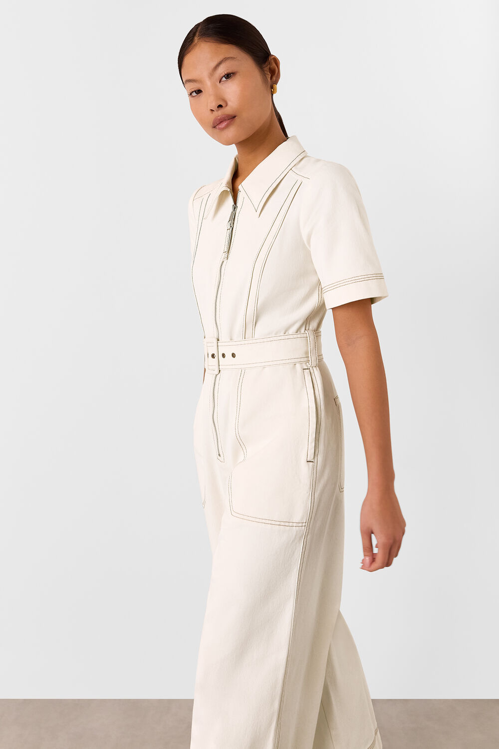 Petite Denim Pintuck Belted Jumpsuit