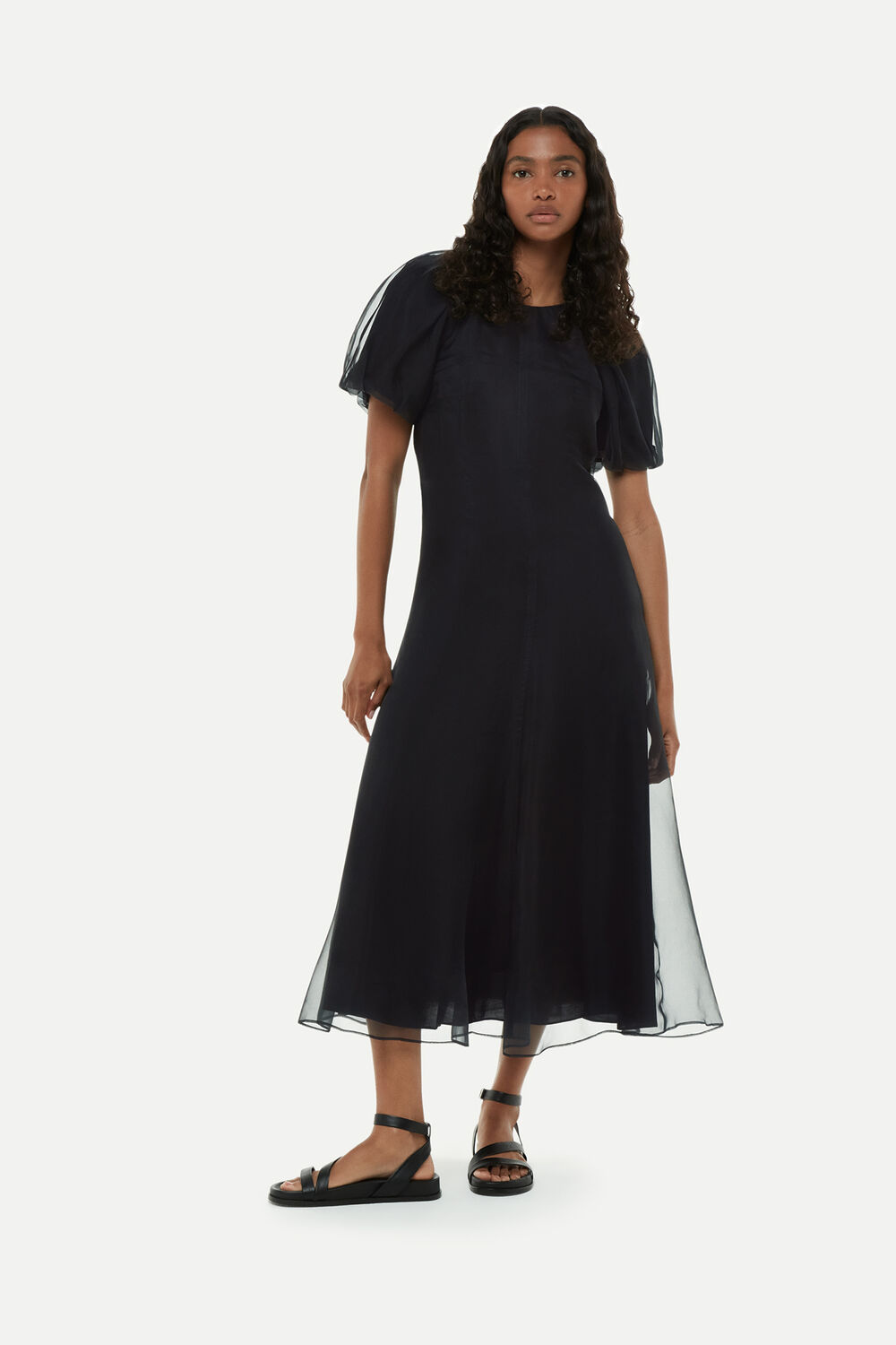 Black Organza Silk Puff Sleeve Dress