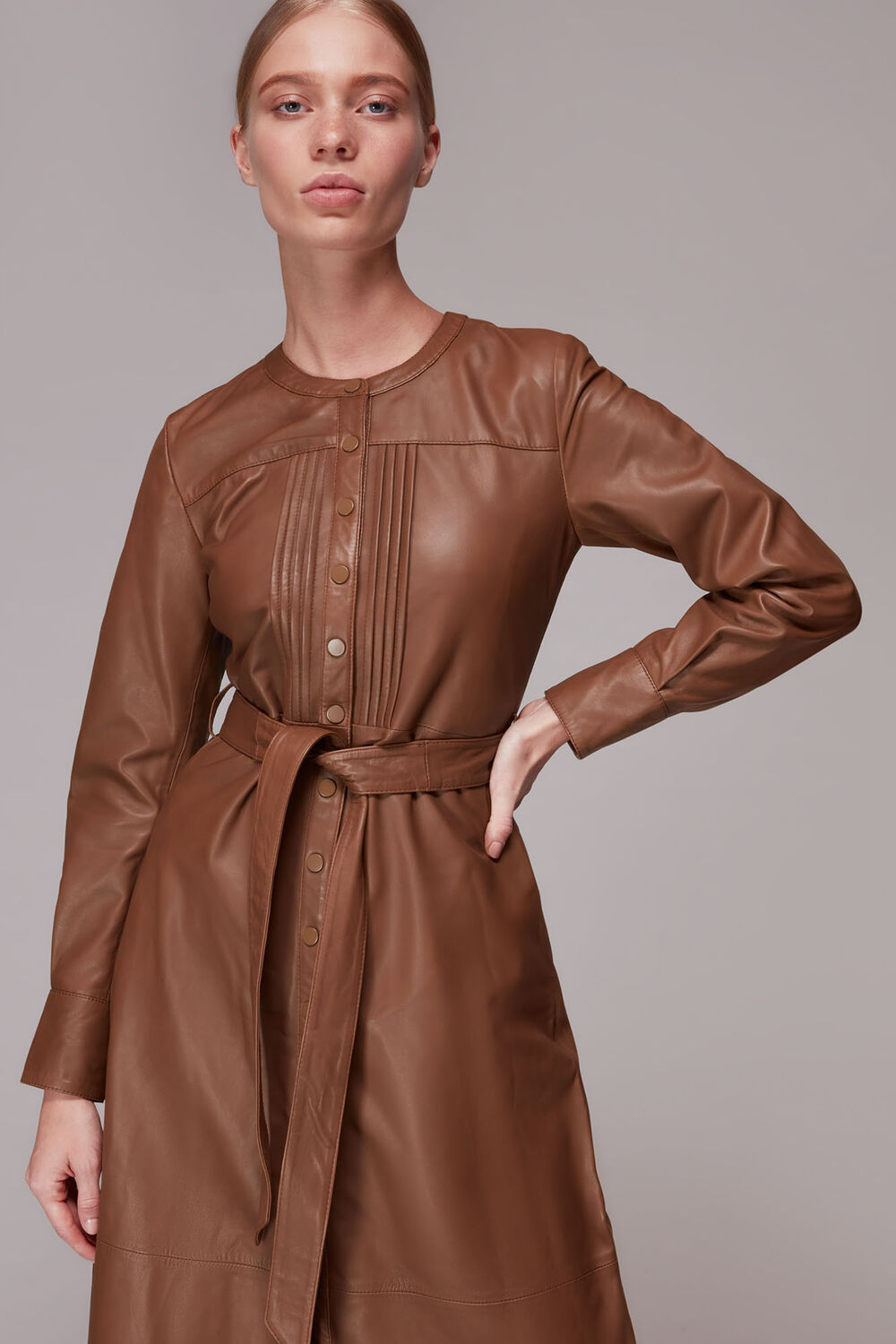 Toffee Pintuck Leather Midi Dress