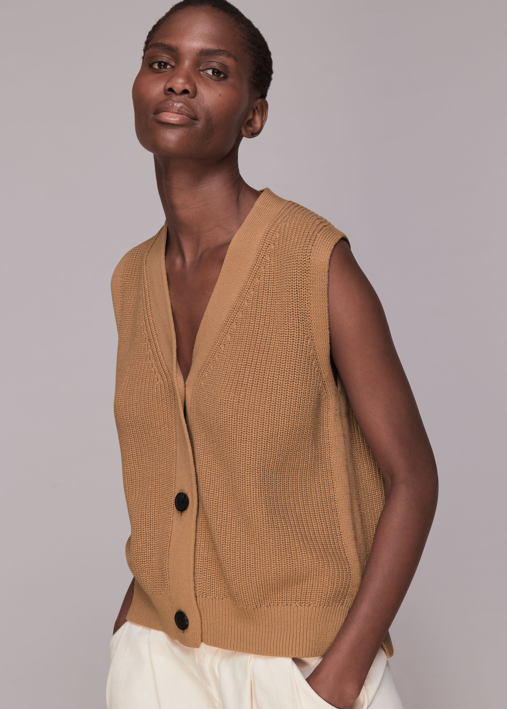 Camel Knitted Button Up Waistcoat