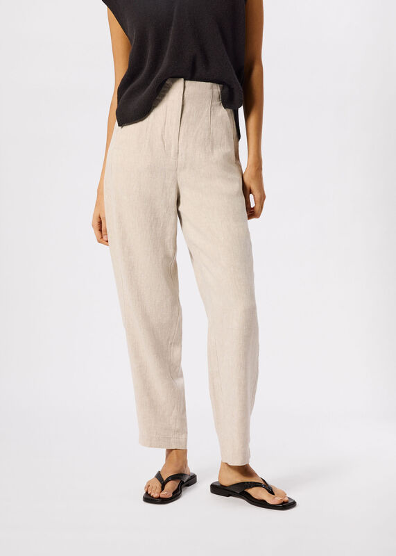 Oatmeal Petite Linen Barrel Leg Trouser