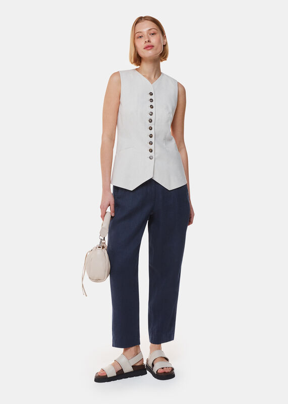 Navy Linen Barrel Leg Pants 