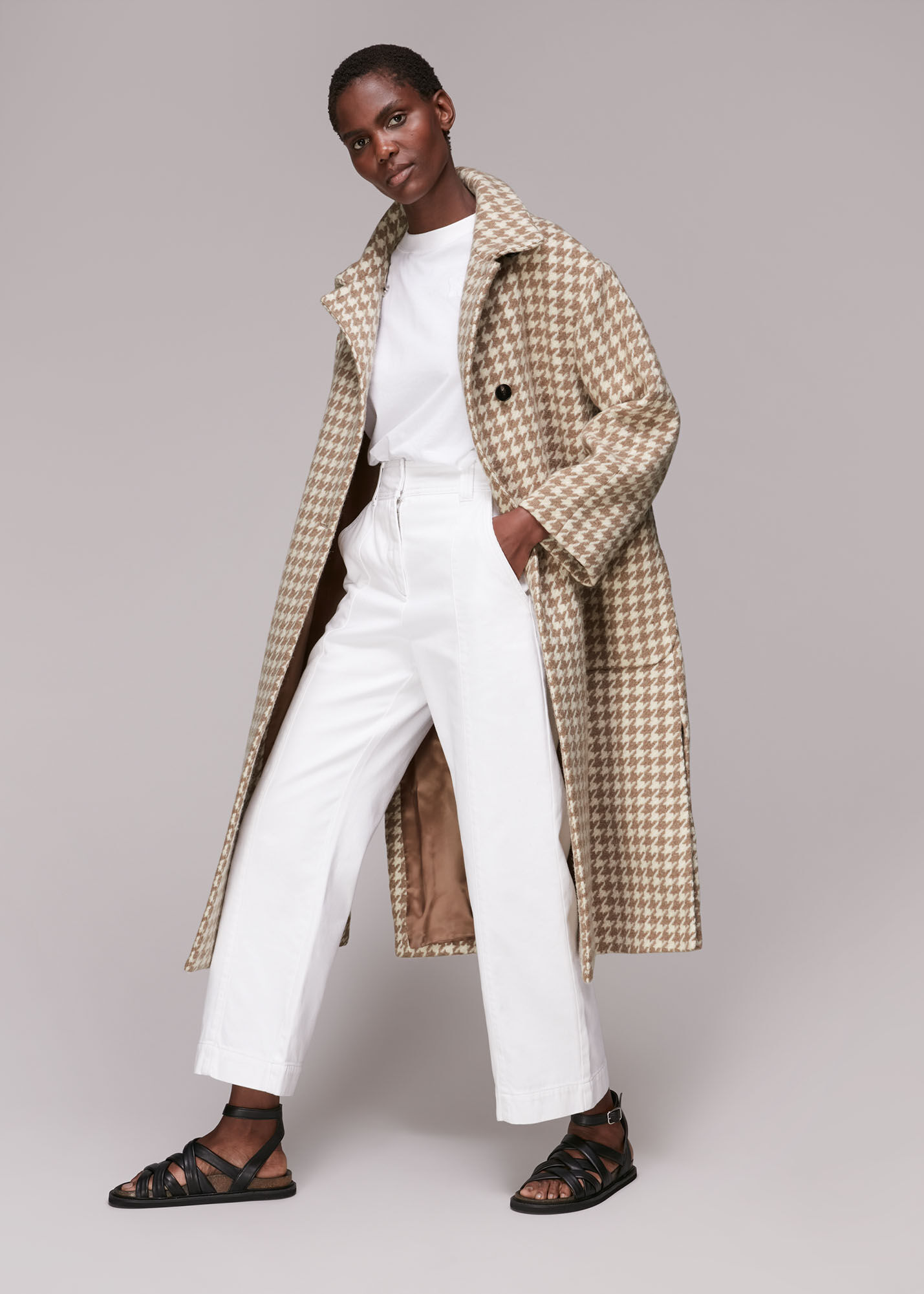 Multicolour Dogstooth Funnel Neck Coat | WHISTLES | Whistles US |