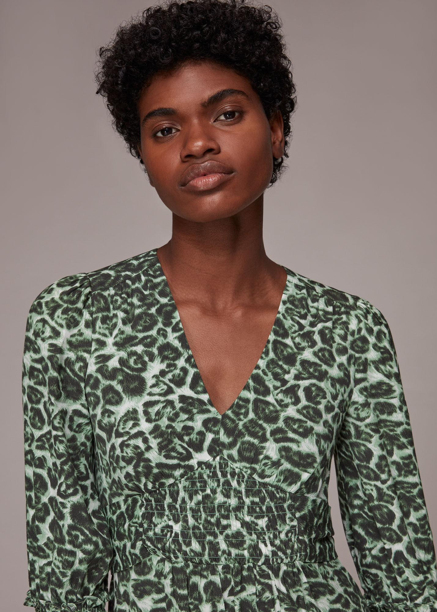 Green/Multi Clouded Leopard Shirred Dress | WHISTLES