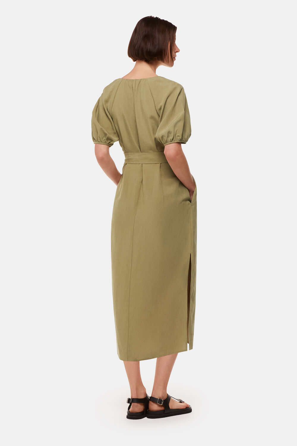 Khaki Ariella Linen Blend Midi Dress