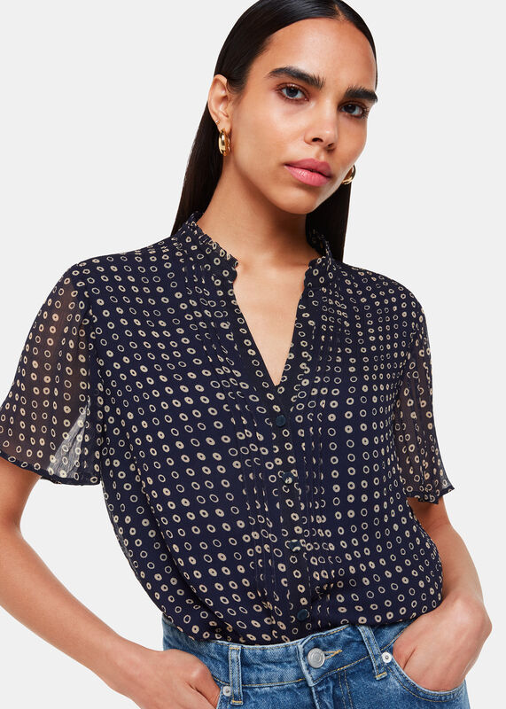 Navy Spotted Hoop Frill Blouse