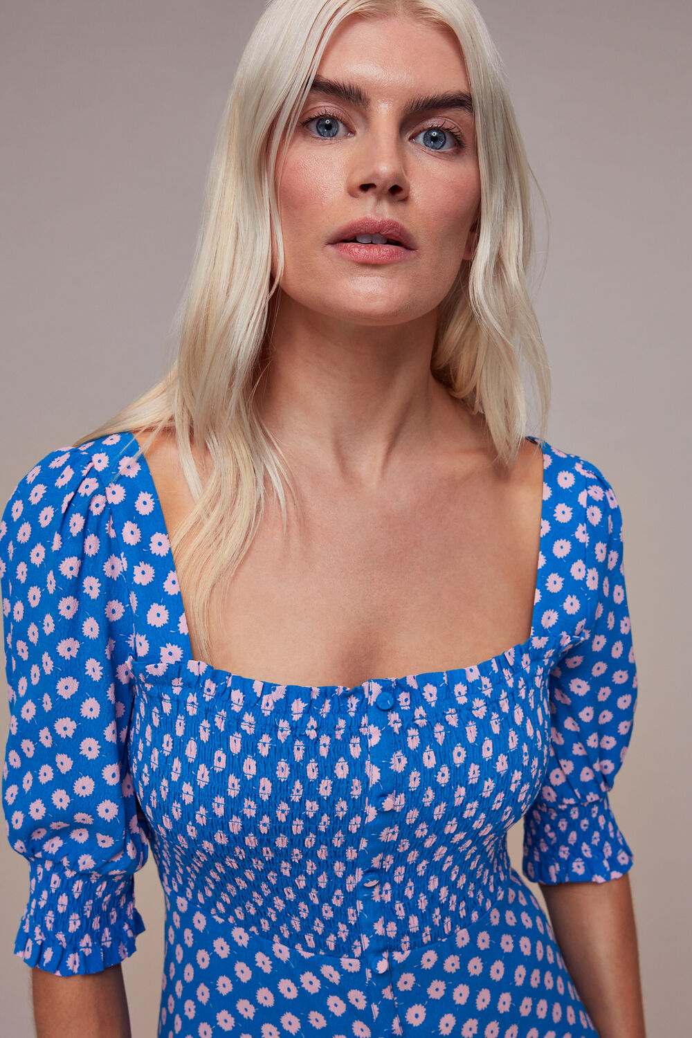 Petite Floral Sunburst Shirred Dress