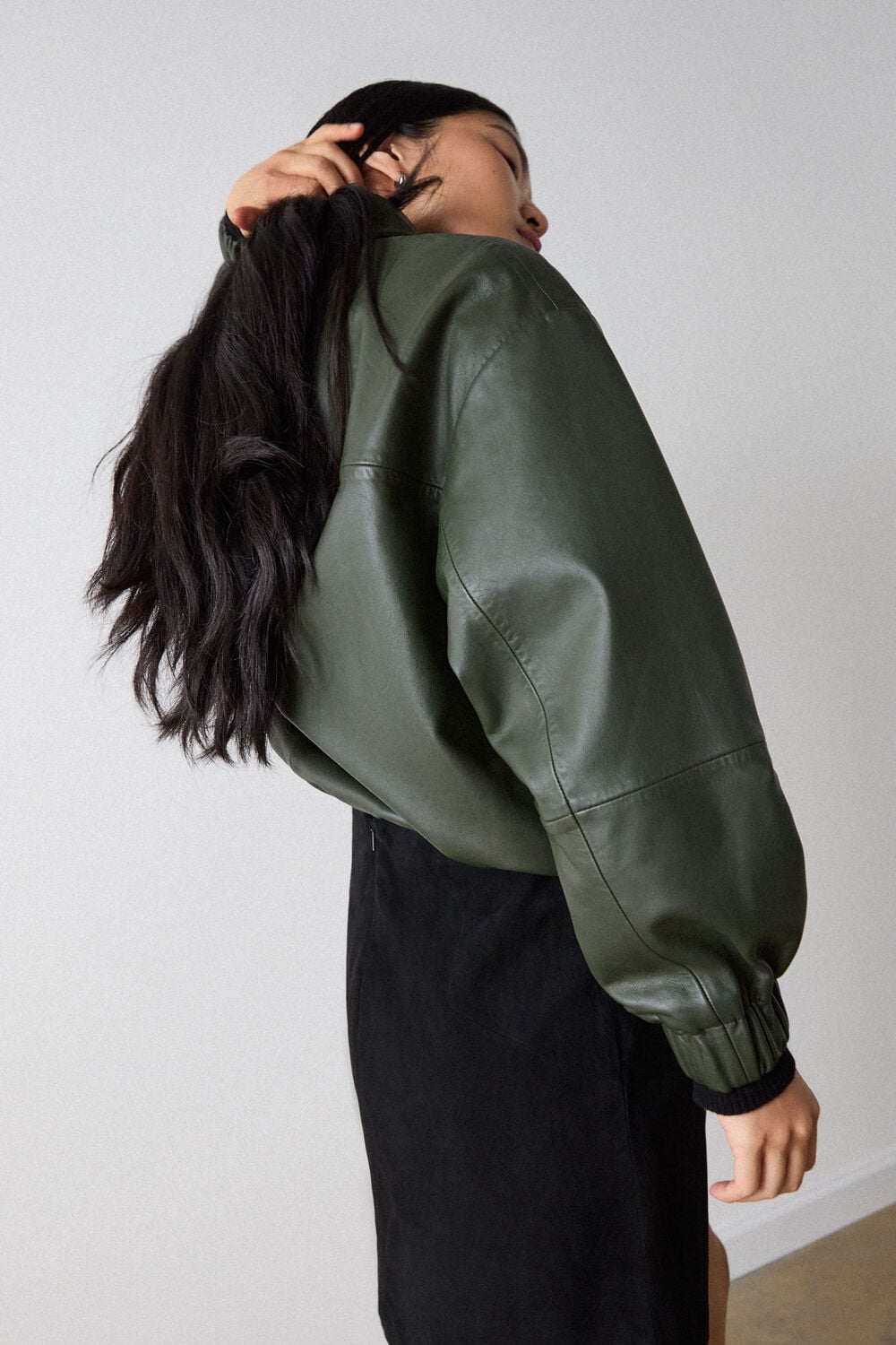 Khaki Frida Leather Bomber Jacket