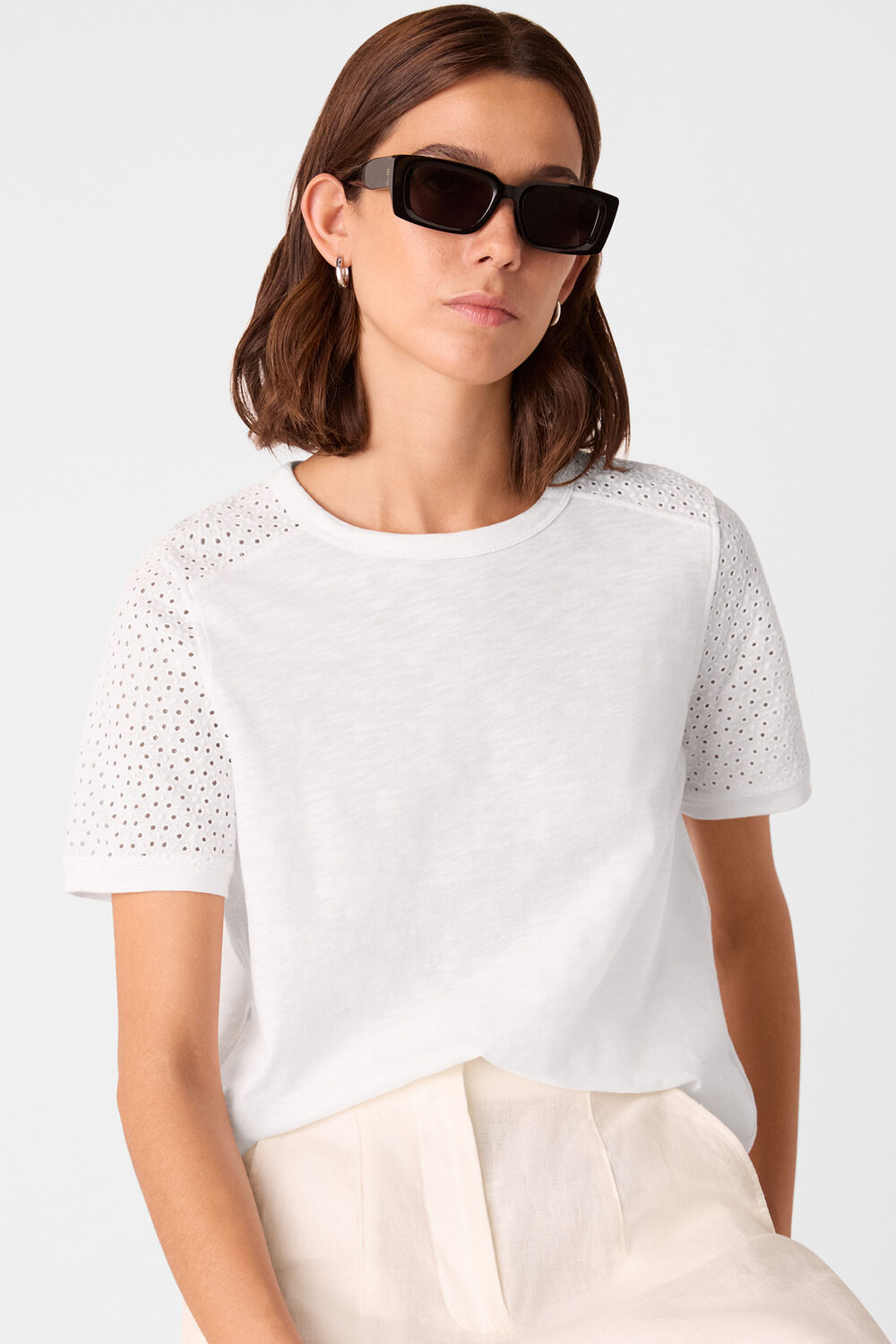 White Broderie Sleeve Detail Tee