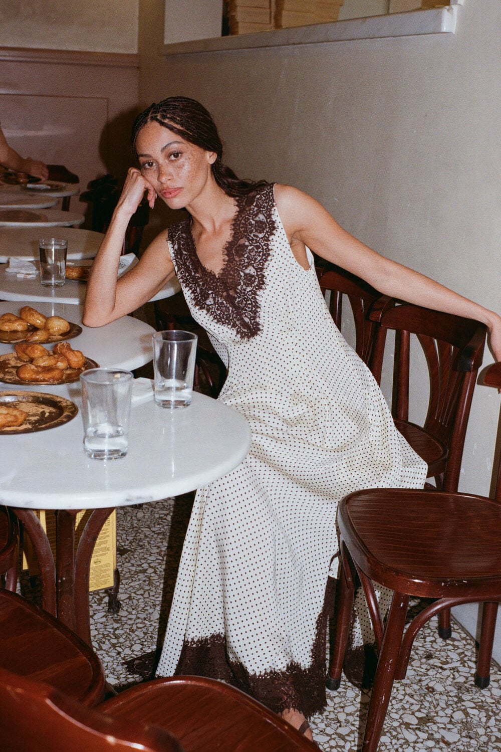 Yellow Lace V Neck Spot Midi Dress