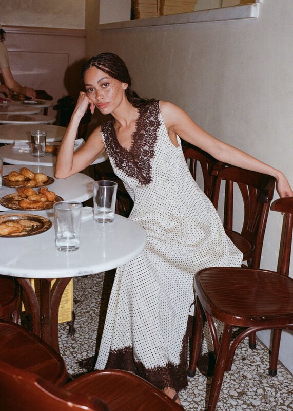 Yellow Lace V Neck Spot Midi Dress