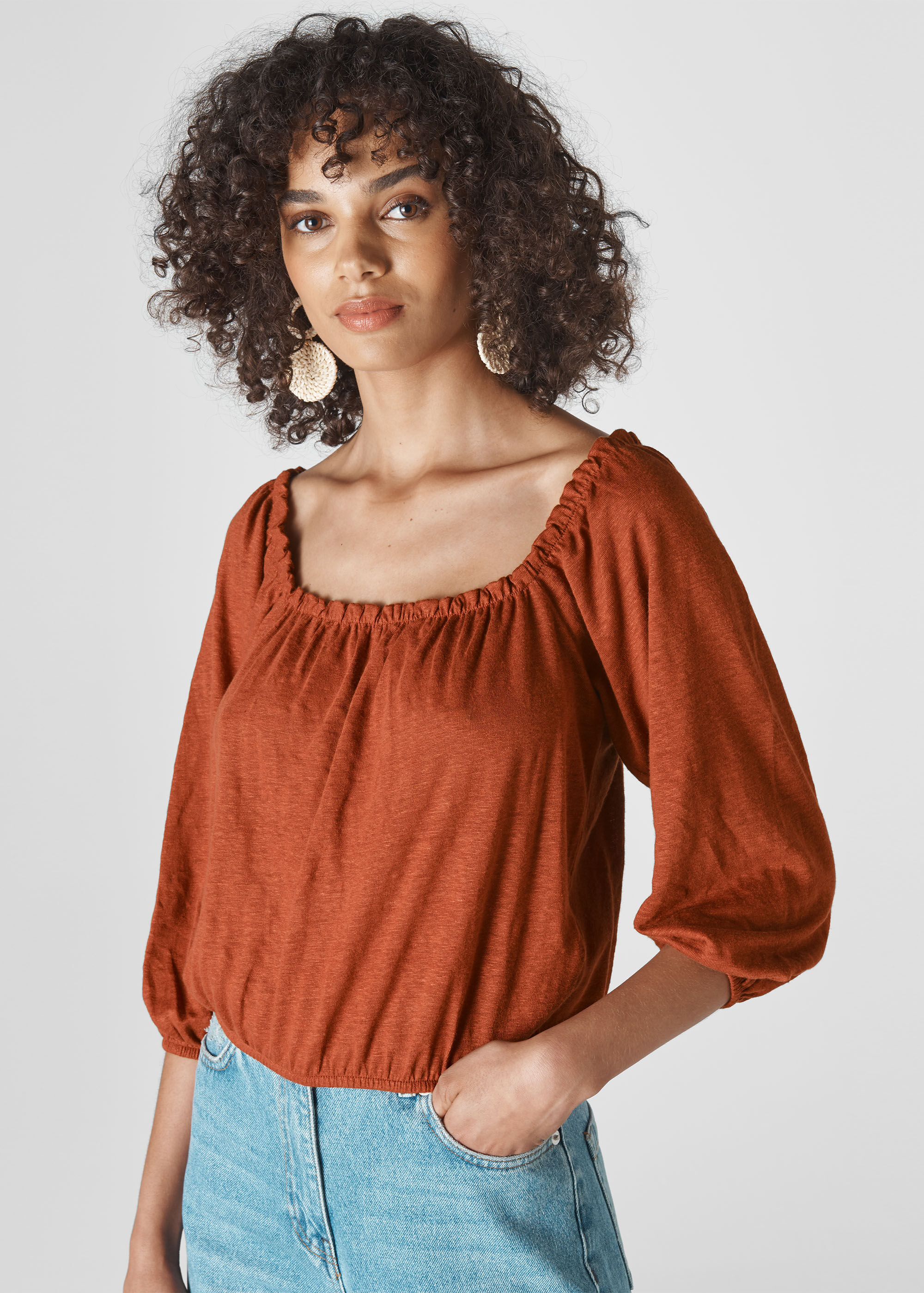 Rust Linen Square Neck Top | WHISTLES | Whistles US |
