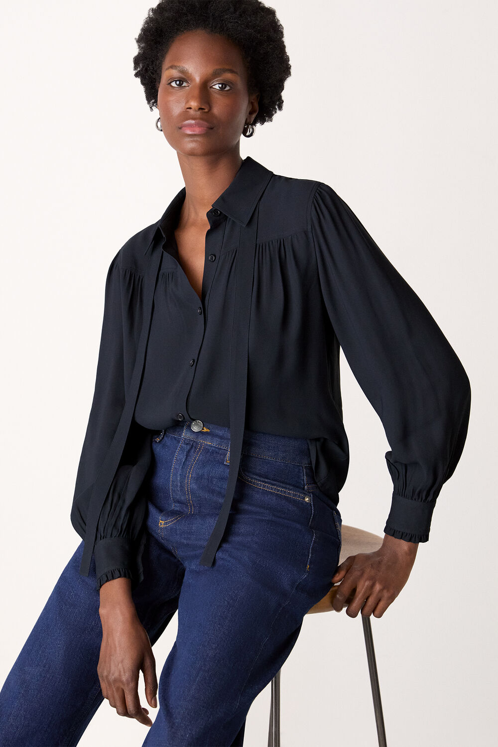Navy Tie Detail Crepe Blouse
