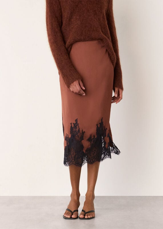 Brown Lace Hem Satin Midi Skirt