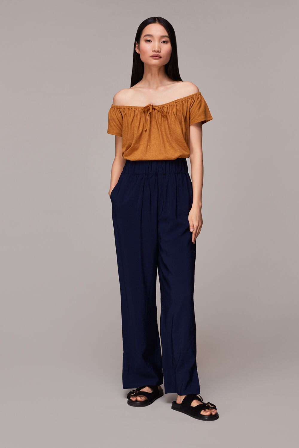 Drawstring Linen Bardot Top