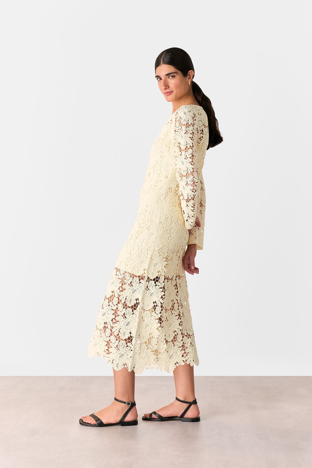 Cream Floral Crochet Knit Dress