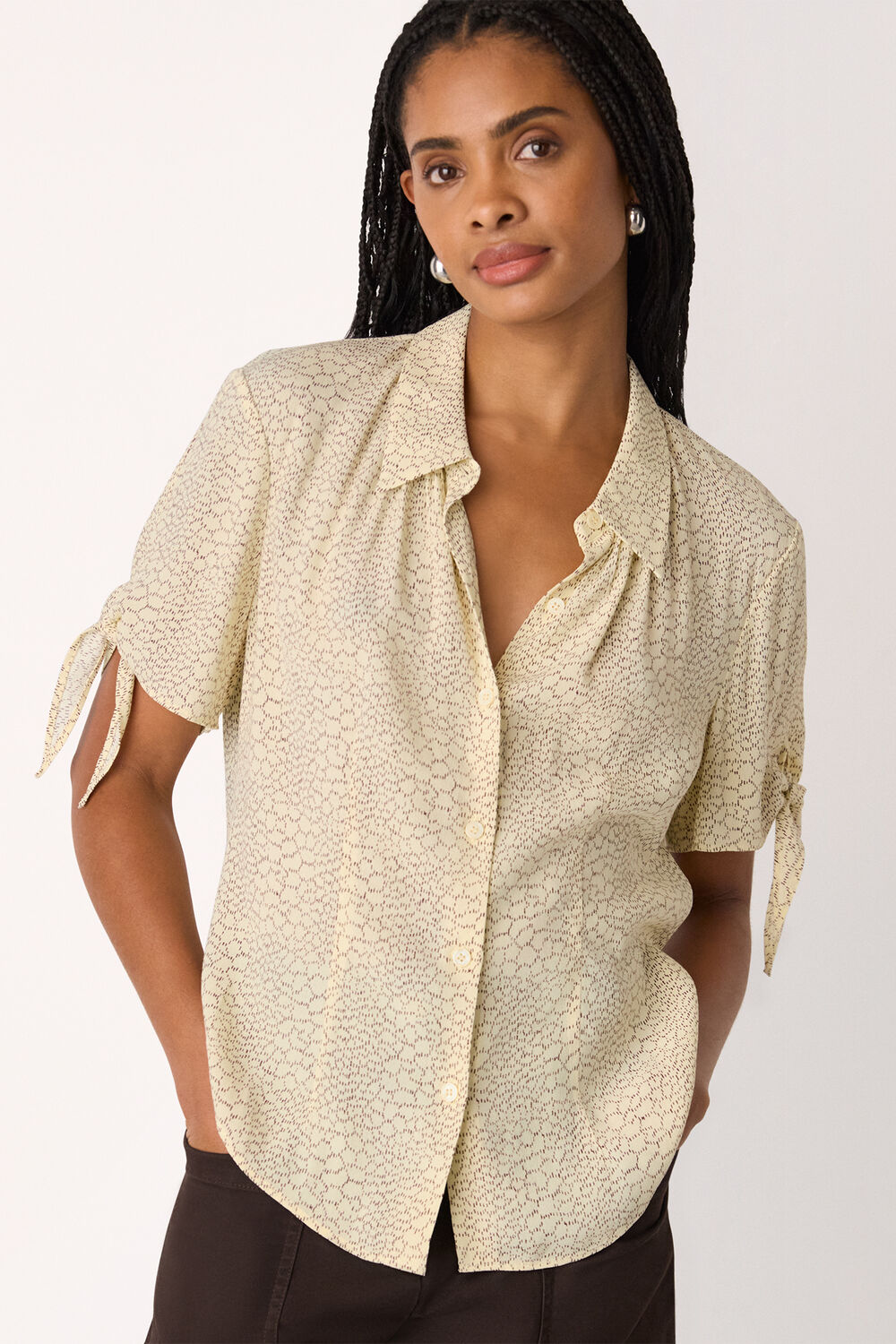Ivory Dashed Marks Tie Sleeve Shirt