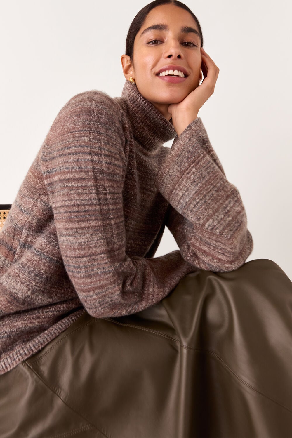 Brown Textured Funnel Neck Knit