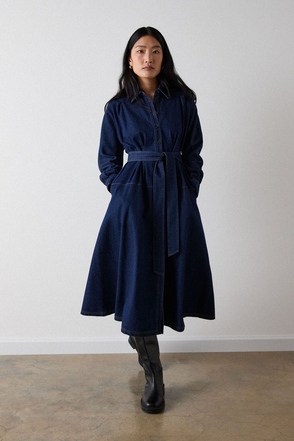 Dark Denim Waisted Midi Shirt Dress