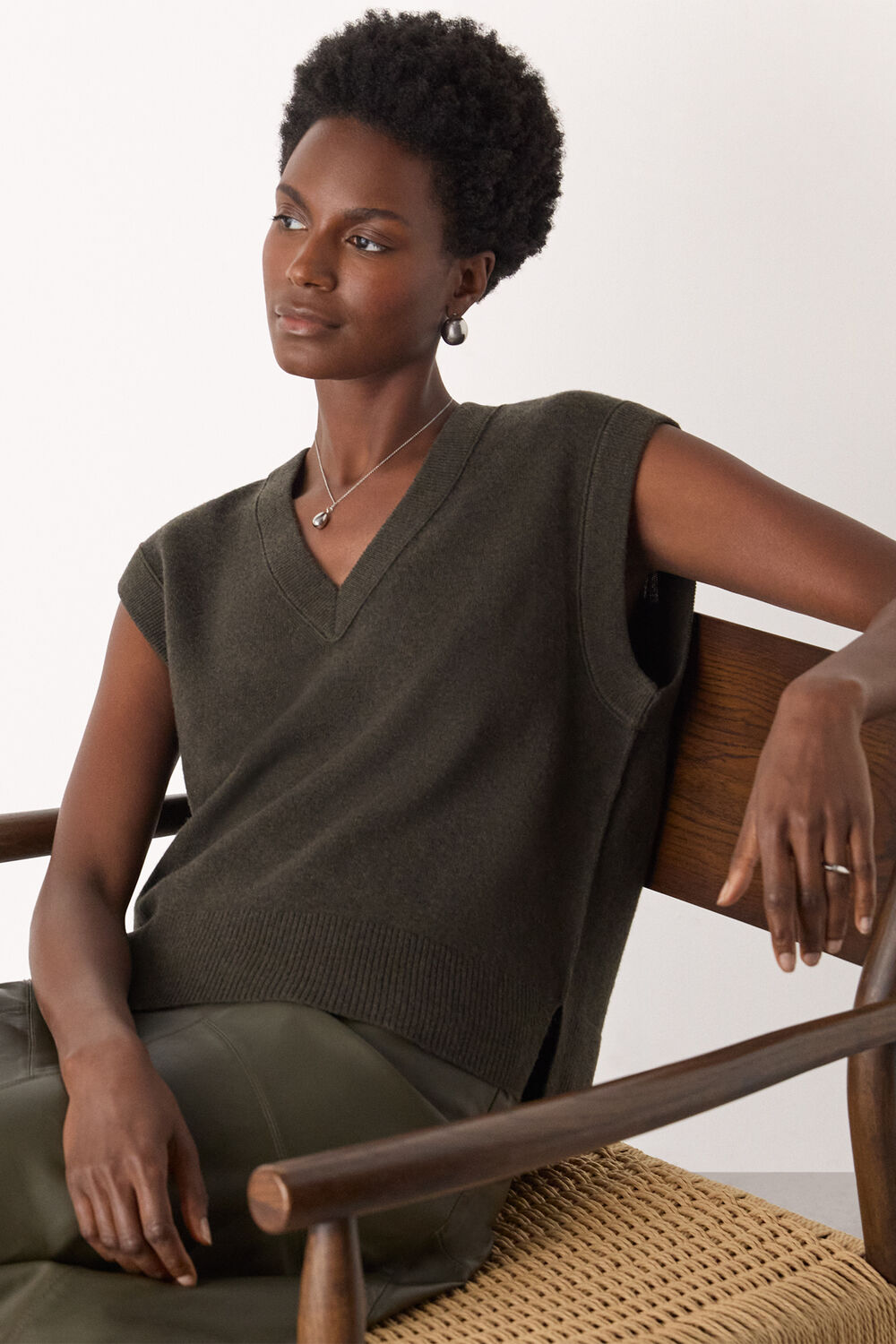 Khaki Wool V Neck Tank