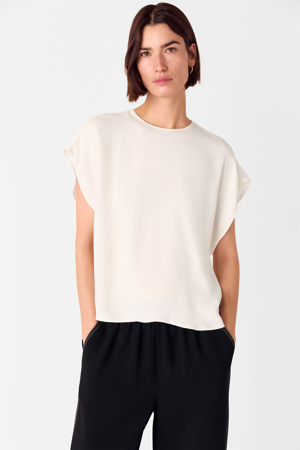 Ivory Short Sleeve Crepe Shell Top