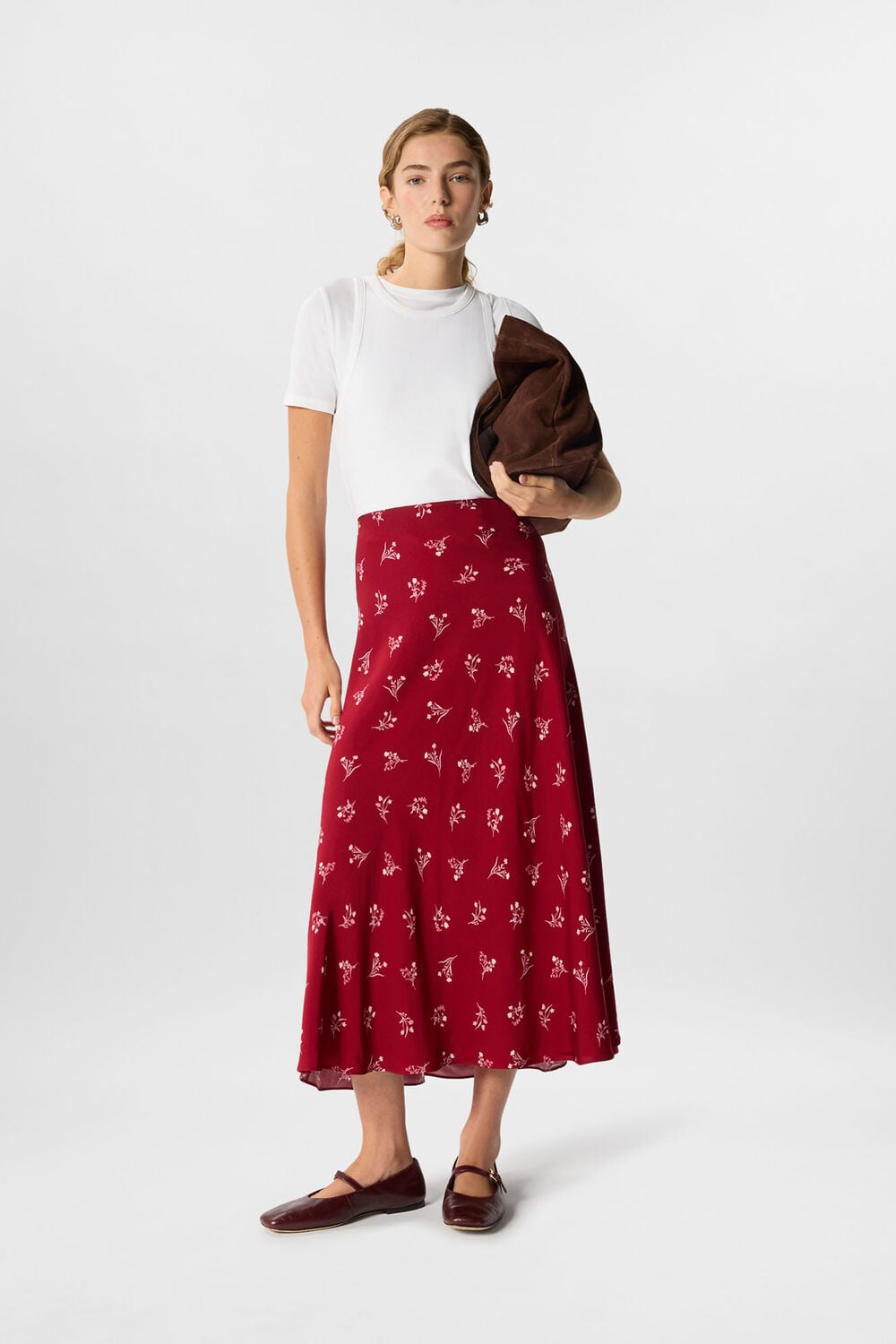 Burgundy Floral Fit And Flare Midi Skirt
