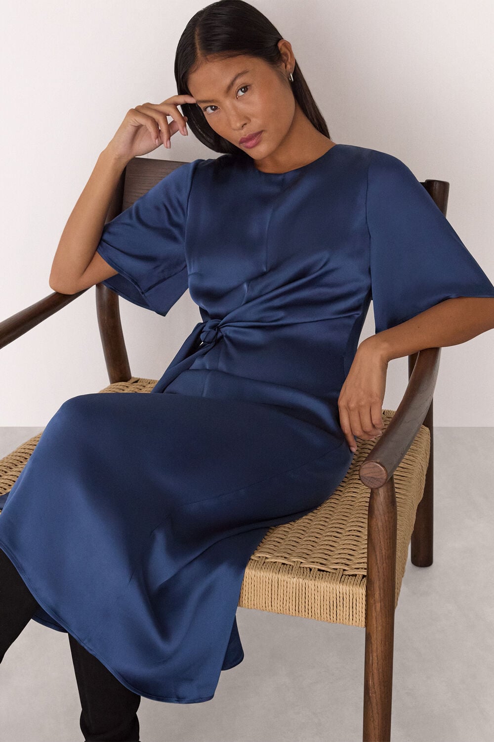 Blue Petite Satin Twist Waist Midi Dress