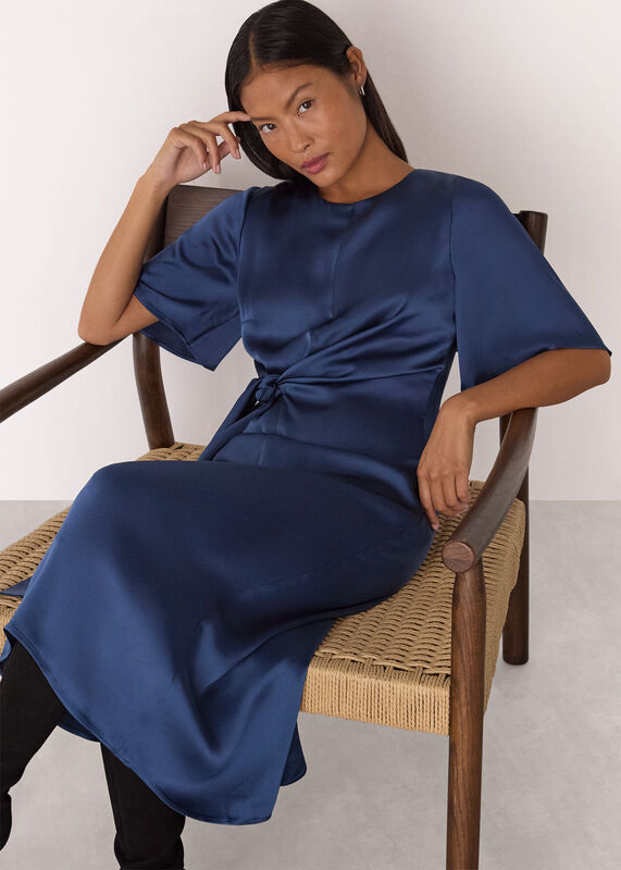 Blue Petite Satin Twist Waist Midi Dress