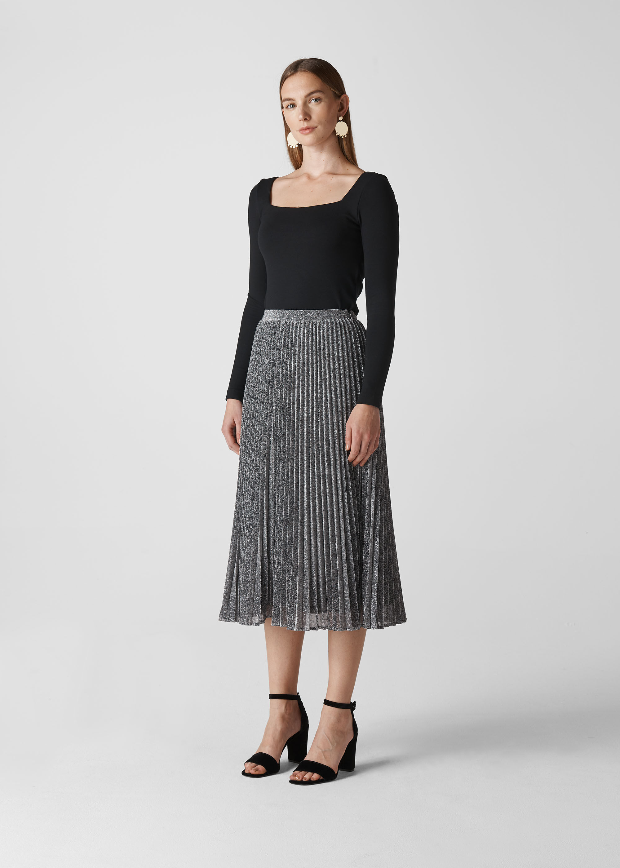 Silver pleated skirt long hot sale