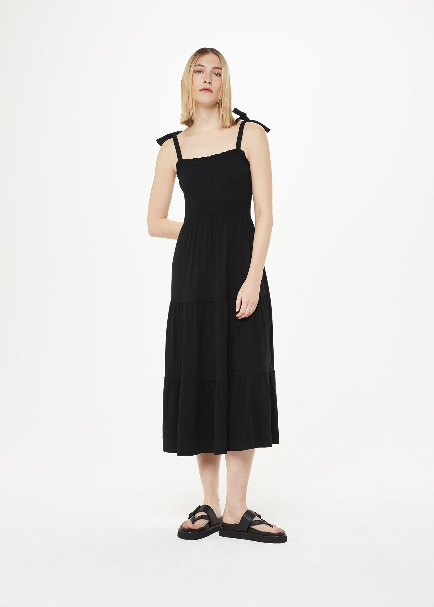 Black Smocked Tiered Jersey Dress | WHISTLES | Whistles US |