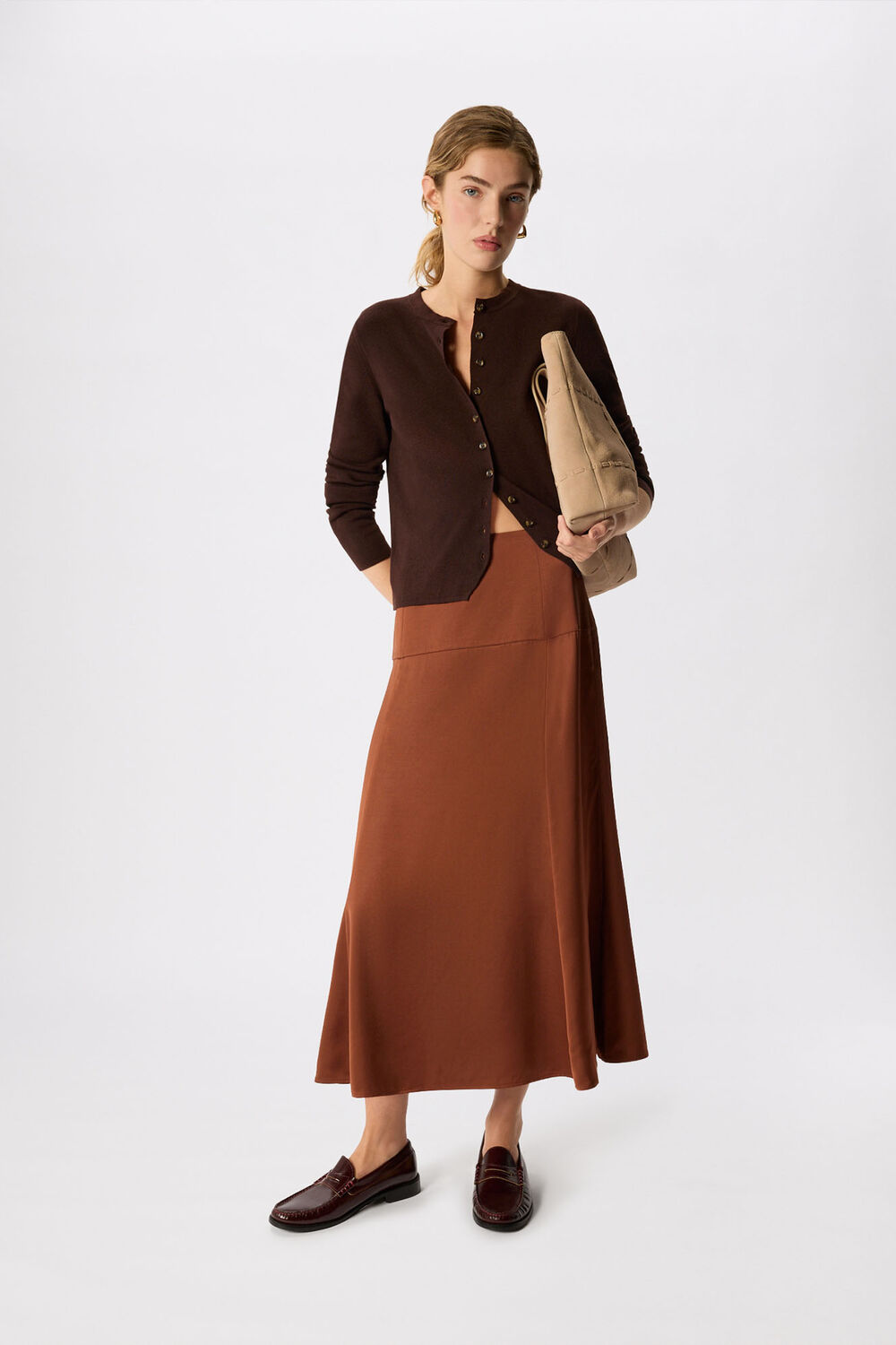 Brown Panel Waist Satin Midi Skirt