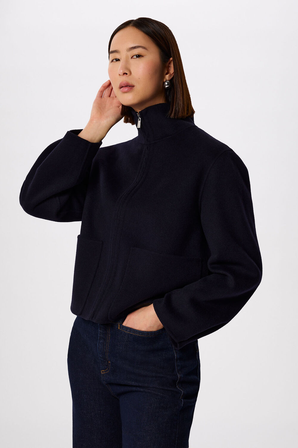 Navy Funnel Neck Double Face Jacket