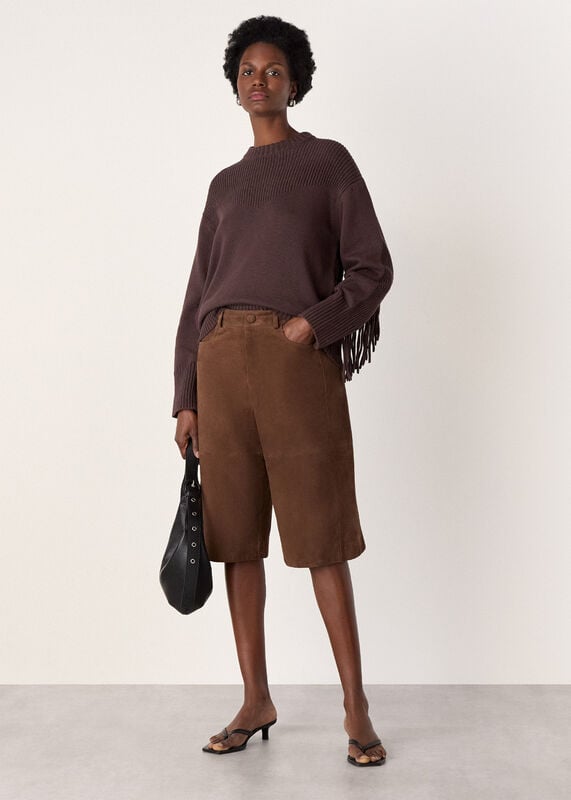 Brown Fringe Rib Detail Cotton Knit