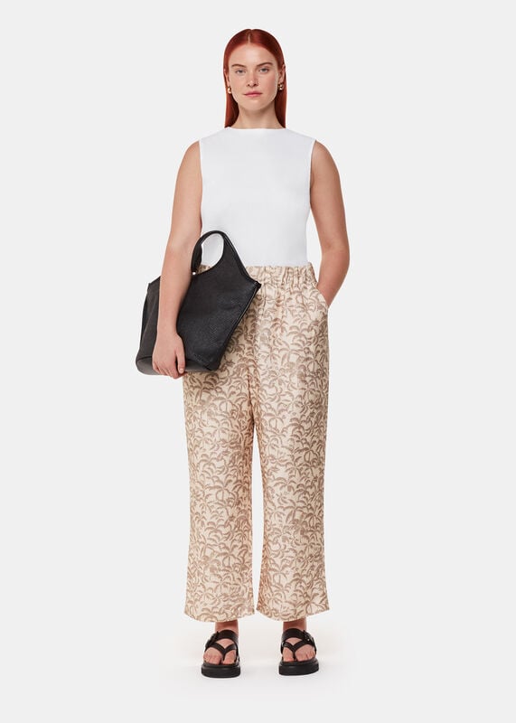Ivory Palm Print Linen Blend Pants 