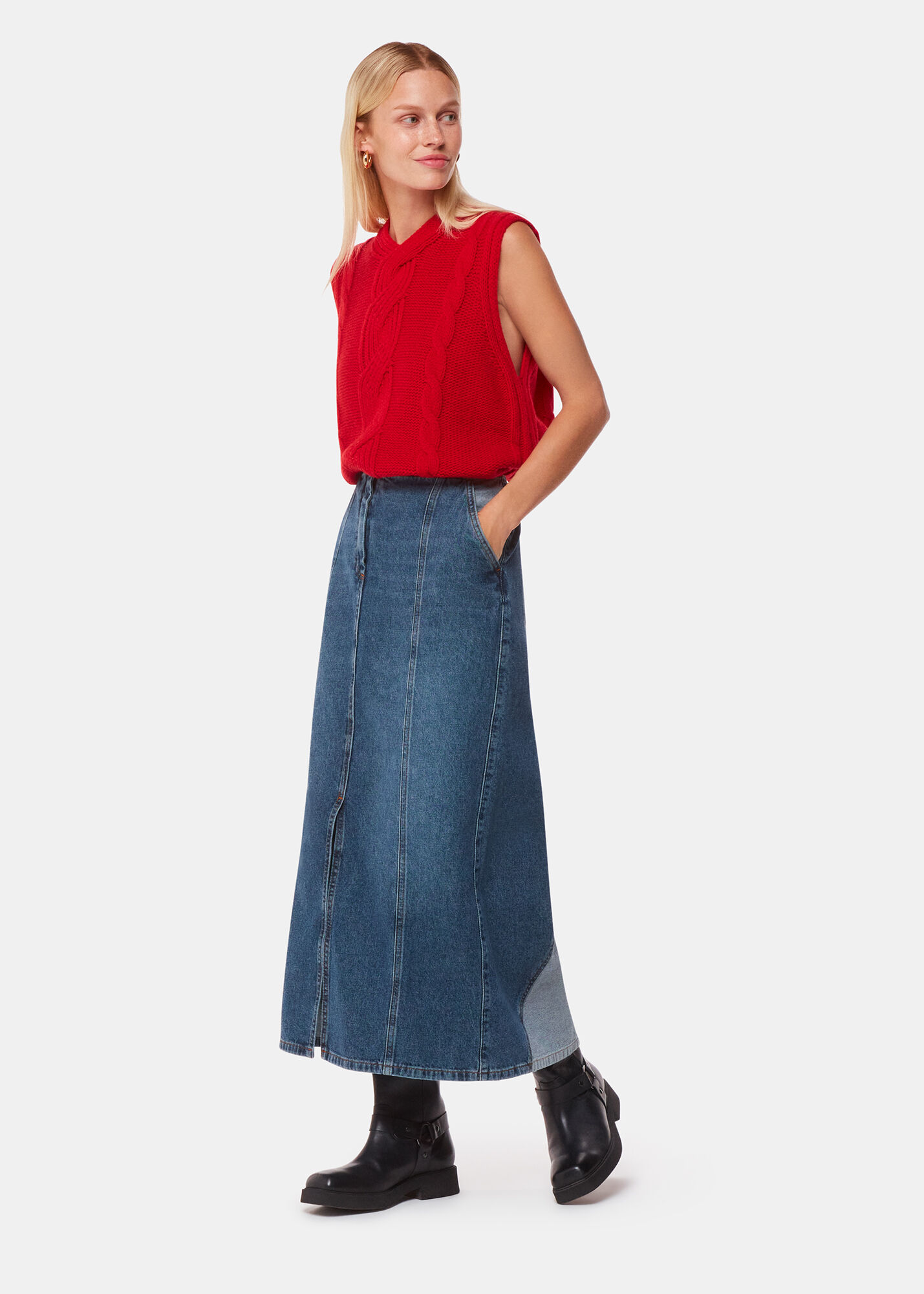 Denim Patchwork Denim Midi Skirt | WHISTLES | Whistles US |